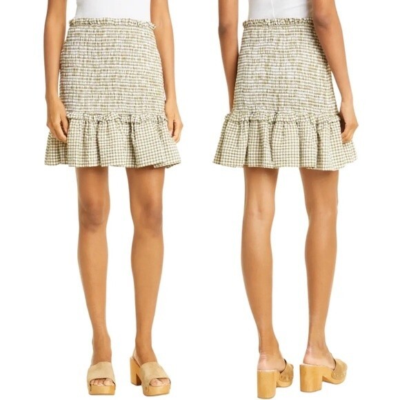 NWT Veronica Beard Aloya Smocked Gingham Mini Skirt Olive & White Size Large NEW - Picture 3 of 16